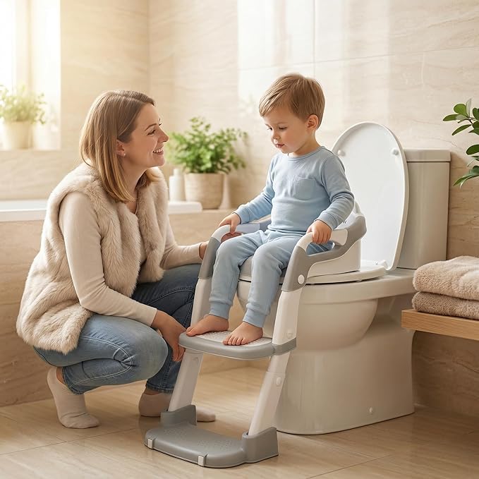 Potty Chair, potty training toilet seat with step stool ladder for Kids and Toddler Boys Girls - Kids Potty Training Soft Padded Seat (Grey+White)