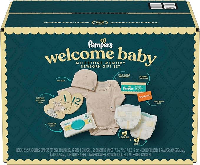 Pampers Gift Set, Disposable Diapers, Sensitive Wipes, & Milestone Gifts