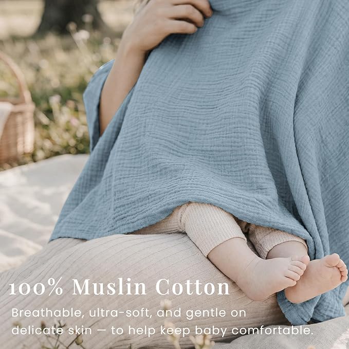 Konssy Muslin Nursing Cover for Breastfeeding, 360° Full Privacy Breathable 100% Cotton Breastfeeding Cover, Multi-use Carseat Canopy(Blue)