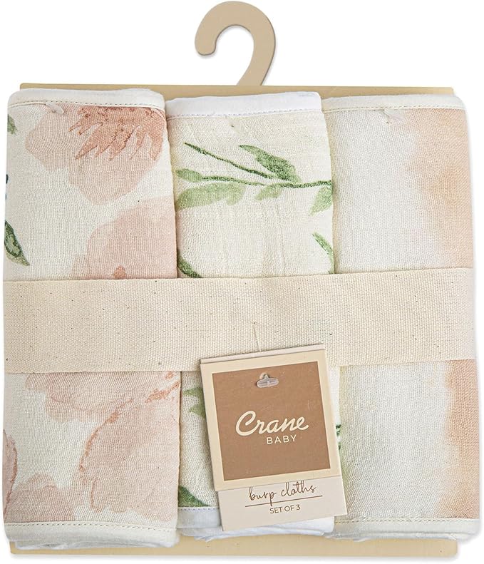 Crane Baby Muslin Baby Burp Cloths, Lightweight Absorbent Burp Cloth, Pink Floral, Set of 3, 7” x 20”, Newborn Baby Essentials, Burp Cloths Baby Boy, Burp Cloths Baby Girl, Baby Newborn Essentials