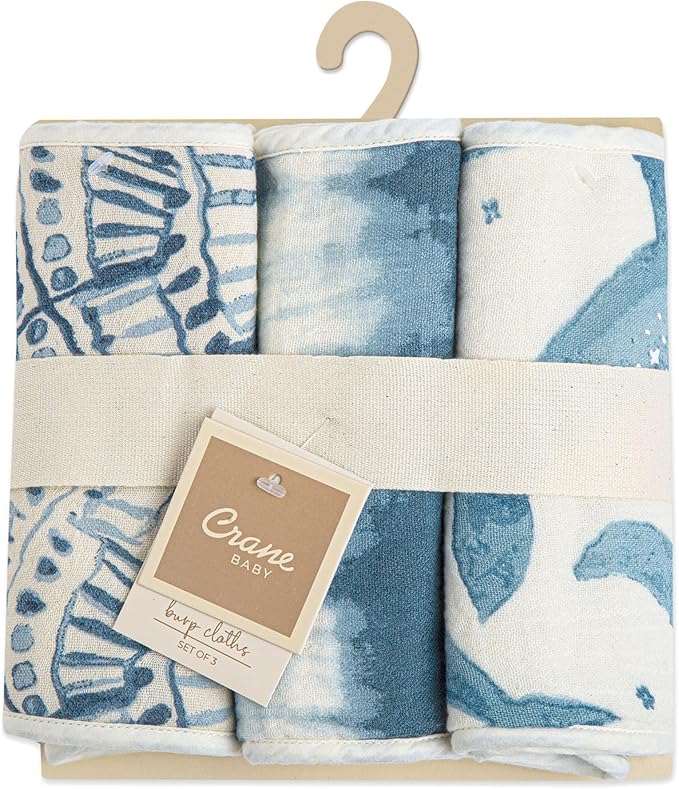 Crane Baby Muslin Baby Burp Cloths, Lightweight Absorbent Burp Cloth, Ocean Theme, Set of 3, 7" x 20", Newborn Baby Essentials, Burp Cloths Baby Boy, Burp Cloths Baby Girl, Baby Newborn Essentials