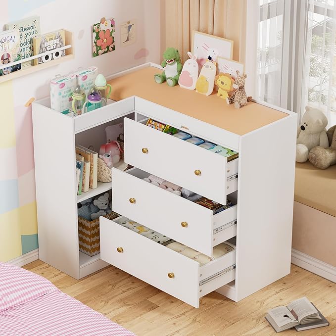 PAKASEPT Modern Nursery Changing Table, Corner Baby Dressing Table with 3 Drawers and 2 Open Shelves, Multi Functional Diaper Changing Station for Children's Rooms,Nursery