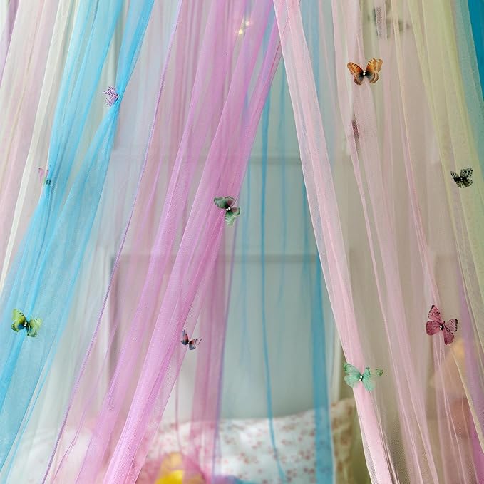 Yellow Rainbow Bed Canopy with Butterflies for Girls,Breathable Canopy Bed Curtain for Bed,Princess Play Tent for Kids Room Reading Nook