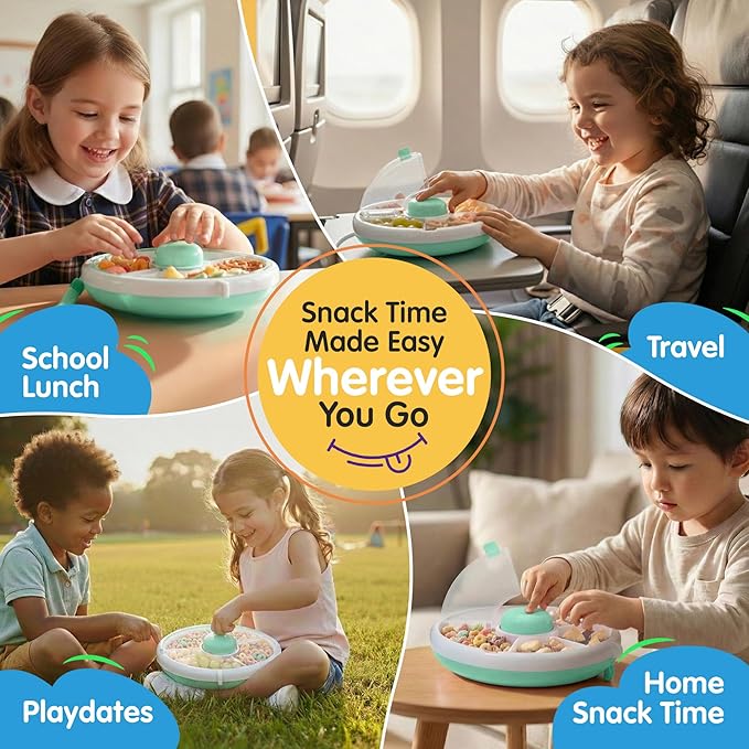 TRENDO Snack Spinner for Toddlers – Green Rotating Snack Container, BPA & PVC-Free Baby Snack Box, Spill-Proof Toddler Snack Container with Hand Strap, 5 Compartments Travel Snack Box for Kids