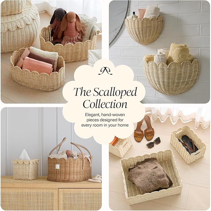 BEBE BASK Premium Baby Diaper Caddy Organizer - Handmade & Award-Winning Scalloped Rattan Basket - Luxury Diaper Caddy Basket - Elegant Scalloped Edge (Natural)