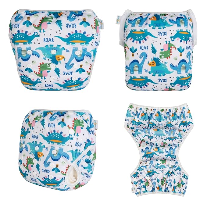Babygoal Baby Boy Swim Diapers 3 Pack for 0-8 Months Infant, Reusable Adjustable Washable for Swimming Lessons-Dinosaur,Shark,Fish