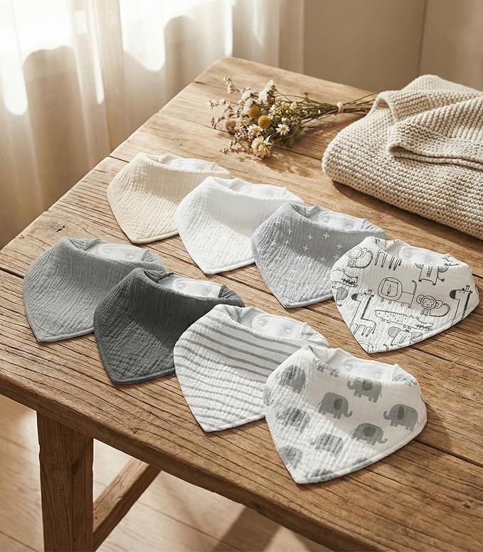 Muslin Baby Bibs 8 Pack, Baby Bandana Drool Bib for Drooling and Teething, Cotton Soft Absorbent for Girls Boys (Grey Animals)