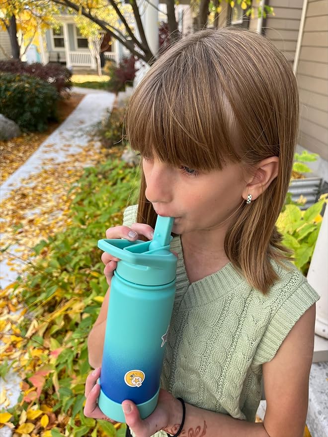 Mininoo Girls Water Bottle for School, 16oz Stainless Steel Insulated Metal Water Bottle with Straw Lid for Boys (Aurora)