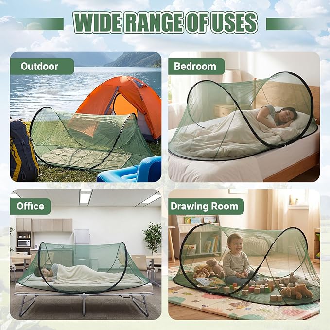 2 Pcs Large Pop up Mosquito Tent Portable Foldable Mosquito Bug Net for Bed Camping Travel Patio Outdoor 78 * 31 * 22 Inch Bug Netting Mesh Tent Canopy for Adults Bedroom, Green