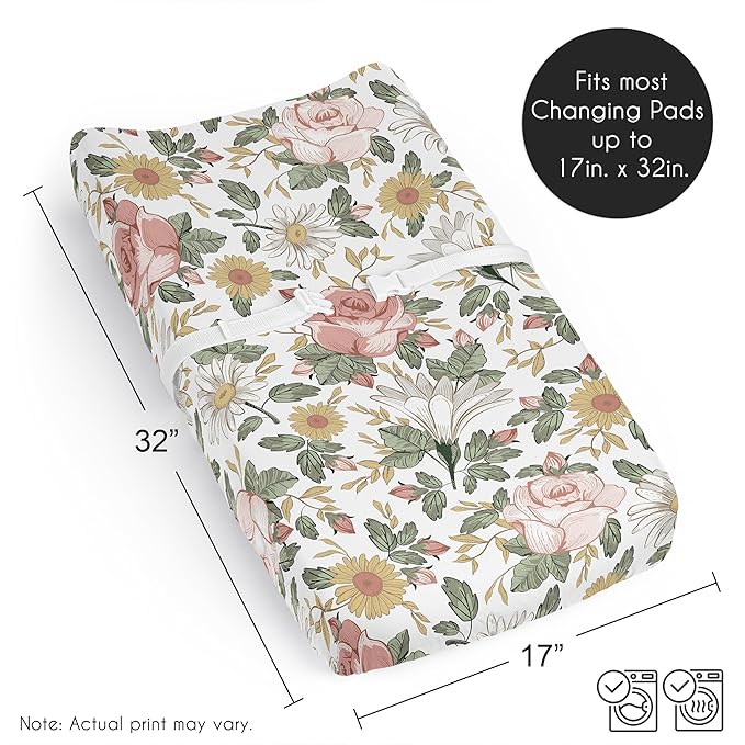 Sweet Jojo Designs Blush Pink Yellow Vintage Floral Boho Girl Baby Changing Pad Cover Sheet Infant Newborn Diaper Change Mat Cover Green White Bohemian Shabby Chic Farmhouse Leaf Rose Leaves Flower