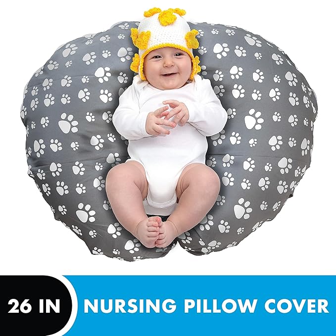 Nursing Pillow Cover for Baby Girls and Boys | Soft Water Resistant and Machine Washable Fabric | Unisex Grey Paw Print Design | Great for Breastfeeding and Bottle Feeding Mothers