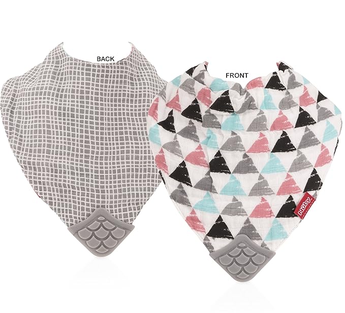 Nuby Reversible 100% Natural Cotton Muslin 3 Piece Teething Bib, Grey/Red/Blue, Arrows/Red Stripes/Elephants