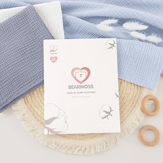 Bearmoss 6 Pack Muslin Burp Cloths for Baby, 100% Cotton Soft Large Burping Cloths for Unisex, Boy, Girl, 23.6" X 23.6" Newborn Essentials Absorbent Milk Spit Up Rags (Blue)