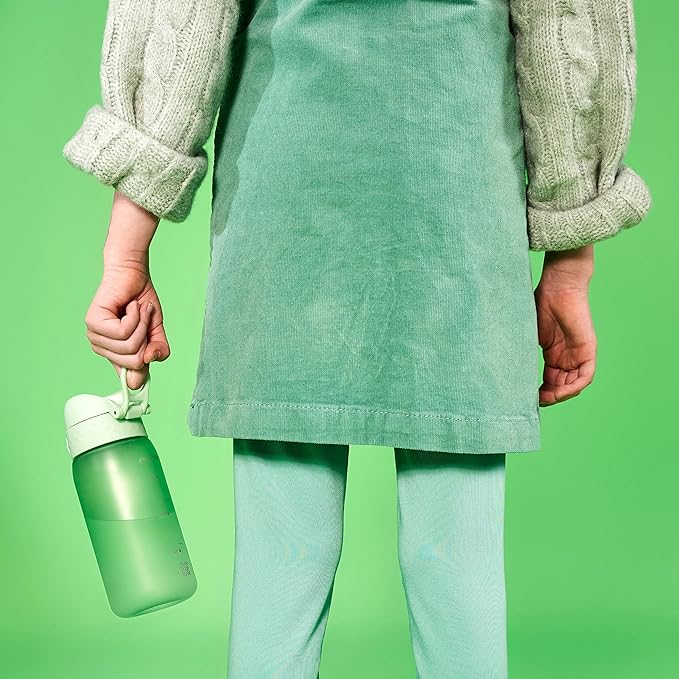 Ion8 Small Water Bottle, 350 ml/12 oz, Leak Proof, Easy to Open, Secure Lock, Dishwasher Safe, BPA Free, Carry Handle, Hygienic Flip Cover, Easy Clean, Odor Free, Carbon Neutral, Surf Green