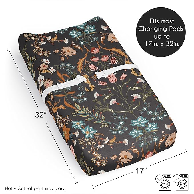 Sweet Jojo Designs Boho Wildflower Vintage Floral Girl Baby Changing Pad Cover Sheet Newborn Diaper Table Change Mat Cover Black Orange Teal Bohemian Farmhouse Botanical Cottagecore Leaf Indie Rustic