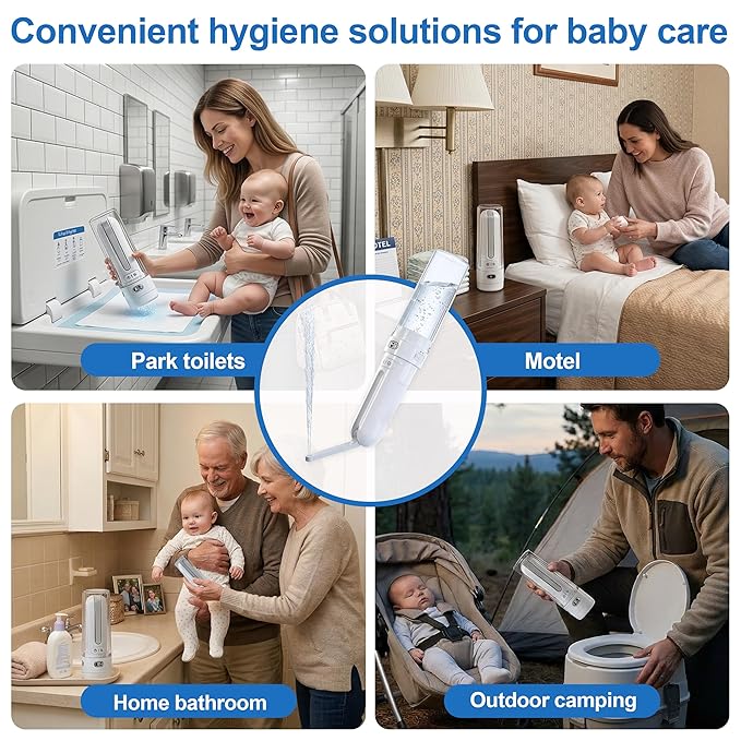 Portable Baby Bidet & Cloth Diaper Sprayer - Travel Irrigator for Baby Butt Cleaning, Rechargeable Handheld Sprayer, 28mm Bottle Compatible (White)