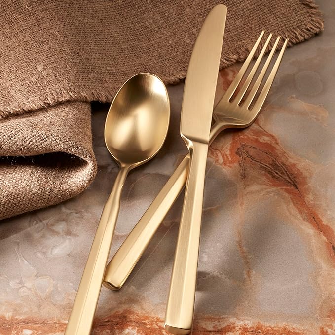 Oneida Silverware Set, Ryder Satin Champagne 20-Piece Flatware Set, Service For 4, 18/0 Stainless Steel, Dishwasher Safe, Cutlery Sets, Kitchen Utensils Sets, Knives Spoons & Forks (Gold, 20 Pieces)