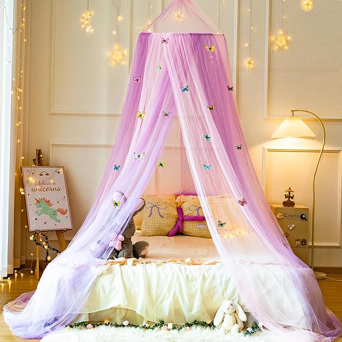 Princess Pink Purple Bed Canopy with Butterflies for Girls Bed Net,Princess Canopy for Kids Bed Room Decor (Pink Purple+Butterflies)