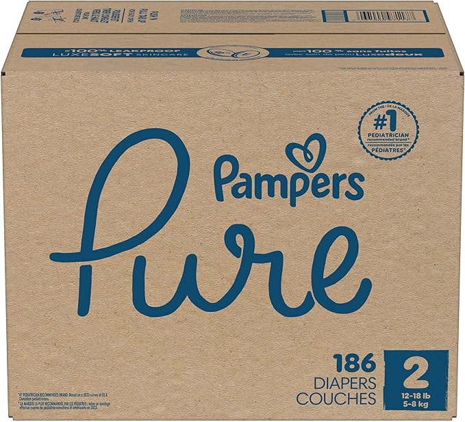 Pampers Pure Baby Diapers, Size 2 (12-18 lbs), 186, Up to 100% Leakproof, Premium Hypoallergenic Soft Diapers