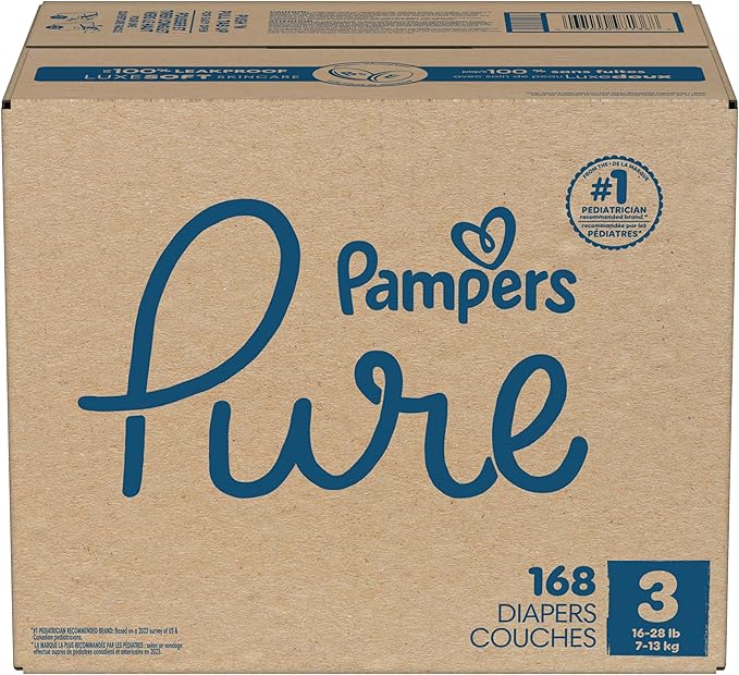 Pampers Pure Baby Diapers, Size 3 (16-28 lbs), 168, Up to 100% Leakproof, Premium Hypoallergenic Soft Diapers
