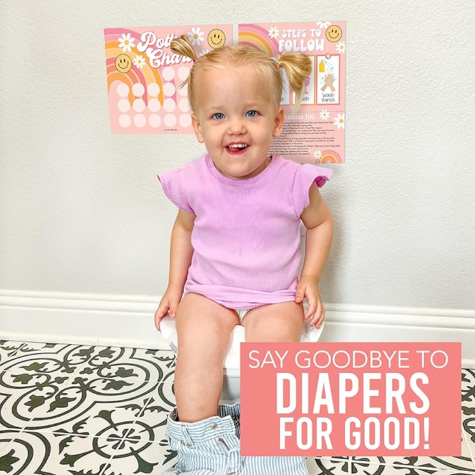 Hadley Designs Potty Training Chart for Toddlers Girls -10 Sticker Potty Chart for Toddlers Girls, 8.5x11" Potty Training Sticker Charts for Toilet Success, Retro Toddler Reward Chart for Kids