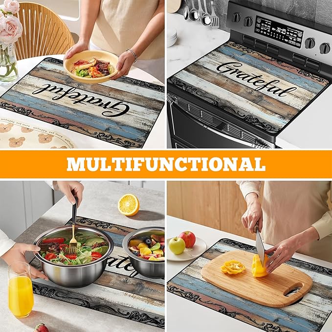 Multi-Design Stove Top Cover for Glass/Electric Stoves - 3-in-1 Heat-Resistant Protector Mat, Non-Slip Drying Rack 30" x 21" (Grateful)
