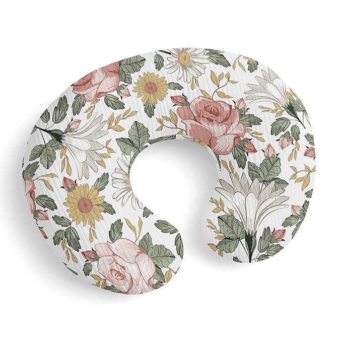 Sweet Jojo Designs Muslin Nursing Pillow Cover (Boho Vintage Floral) for Baby Girls, Newborn, Infant 100% Cotton Breastfeeding Pillowcase - PILLOW NOT INCLUDED (Shabby Chic, Bohemian, Farmhouse, Pink)