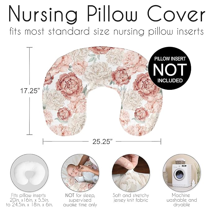 Sweet Jojo Designs Blush Pink Boho Shabby Chic Floral Girl Nursing Pillow Cover Baby Breastfeeding Slipcover Infant Newborn Nursery Bottle Pillowcase(Pillow NOT Included) - Ivory Bohemian Watercolor