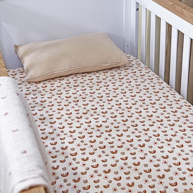 Muslin Cotton Crib Sheets for Boys and Girls, 2 Pack 52"x28" Fitted Baby Crib Sheet for Girl Boy, Soft Baby and Toddler Bed Sheets, Mattress Cover Muslin Cribs Sheet Set Nursery Gift Neutral Rainbow