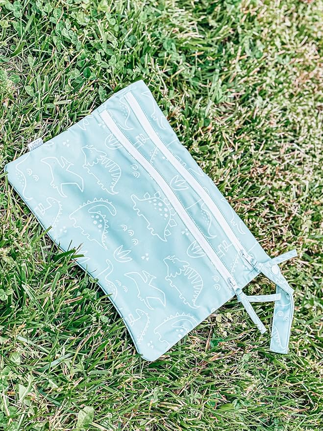 BapronBaby Dino Friends Sage Wet Dry Bag - Waterproof Two Zipper Pockets - Reusable for Mealtime, Diapers, Stroller, Snacks, Swimsuits - Machine Washable - 11" x 9"