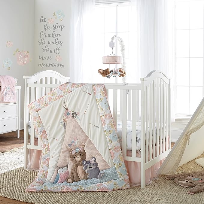 Levtex Baby - Malia Crib Fitted Sheet - Fits Standard Crib and Toddler Mattress - Words - Grey, Pink, Teal and White - Nursery Accessories - 100% Cotton