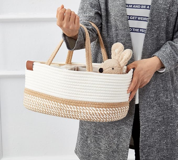 DECOMOMO XL Baby Caddy Organizer, Mother's Day Diaper Caddy Basket, Baskets for Baby Shower Gifts (Spiral Beige & White, Extra Large)