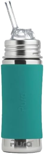 Pura Toddler Kid Straw Bottle - 11oz Stainless Steel, Plastic-Free, MadeSafe, Mint, Silicone Straw