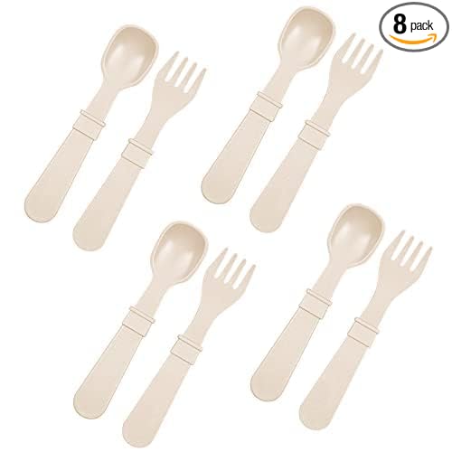 Re-Play Toddler Forks and Spoons Set - 4x4 Utensils Set for Kids - Dishwasher and Microwave Safe - Made in USA - Set of 8-5.8" x 1.2" x 0.2" - Sand Beige
