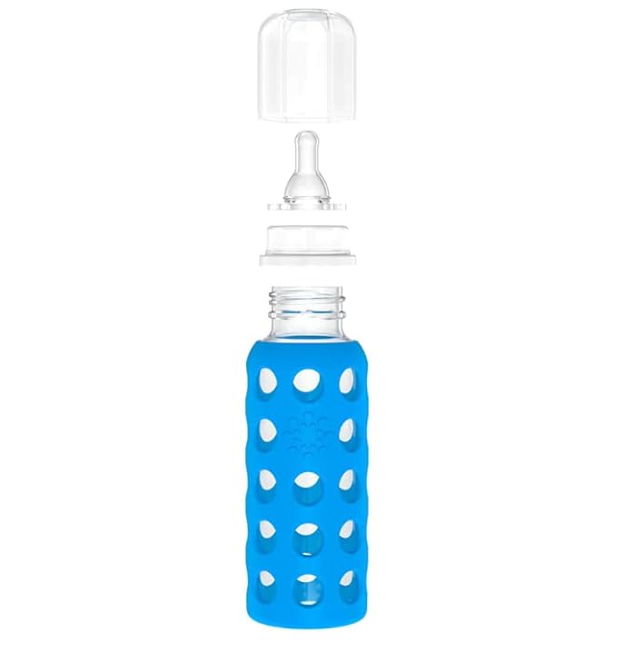 Lifefactory Glass Baby Bottle BPA Free | Protective Silicone Sleeve| 4 oz & 9 oz Pack of 4 | Cobalt & Sky Blue