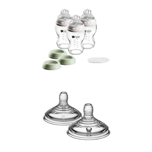 Tommee Tippee Natural Start 9 oz Glass Baby Bottles, 0+ Months, Slow Flow Nipple, Travel Jar Lids, Cup Rings, Pack of 3 + Tommee TippeeNipples, Anti-Colic Valve, Extra Slow Flow, 0+ Months, Pack of 2