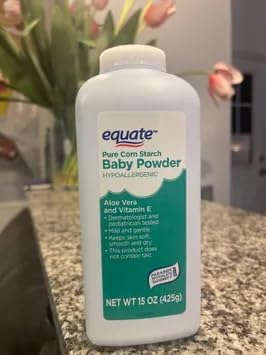 Pure Equate Cornstarch Baby Powder, Hypoallergenic, alloe Vera, Vitamin E, 15 oz Each, Pack of 2.