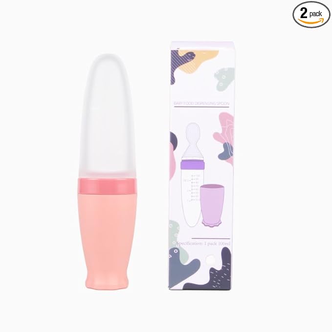 Reidio 2Pc Baby Feeding Bottle with Spoon Baby Food Feeder Silicone Squeeze Spoon Bottle for Baby Food Dispensing Baby Bottle with Scale 3.4oz/100ml (Pink)