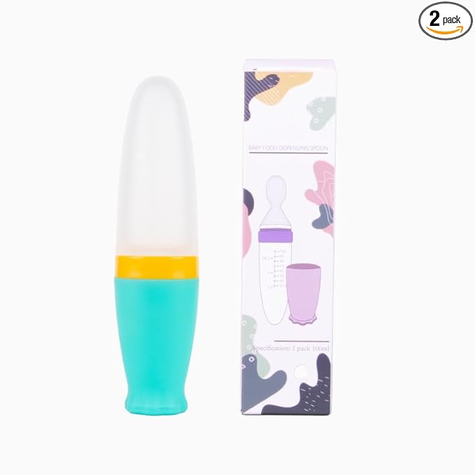 Reidio 2Pc Baby Feeding Bottle with Spoon Baby Food Feeder Silicone Squeeze Spoon Bottle for Baby Food Dispensing Baby Bottle with Scale 3.4oz/100ml (Green)