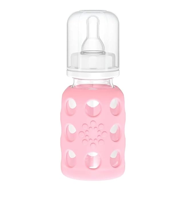 Lifefactory Glass Baby Bottle BPA Free | Protective Silicone Sleeve | 4 oz Pack of 2 | Pink, Sky Blue