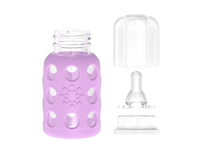 Lifefactory Glass Baby Bottle BPA Free | Protective Silicone Sleeve | 4 oz Pack of 4 | 2- Lavender, 1- Mint, 1- Cantaloupe