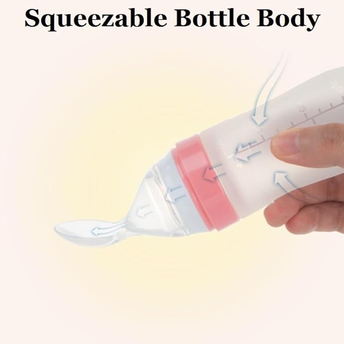 Reidio 2Pc Baby Feeding Bottle with Spoon Baby Food Feeder Silicone Squeeze Spoon Bottle for Baby Food Dispensing Baby Bottle with Scale 3.4oz/100ml (Pink)