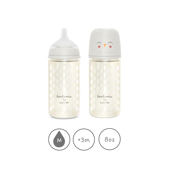 Suavinex Bonhomia Glass Baby Bottle with SX PRO Silicone Nipple, Anti Colic Baby Bottles, Baby Bottles for Breastfed Babies, 2 Pack 8 oz, Beige