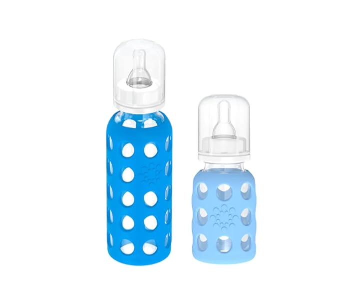Lifefactory Glass Baby Bottle BPA Free | Protective Silicone Sleeve| 4 oz & 9 oz Pack of 4 | Cobalt & Sky Blue