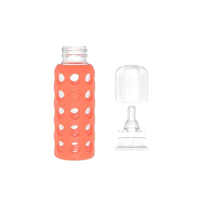 Lifefactory 9-Ounce BPA-Free Glass Baby Bottle with Protective Silicone Sleeve and Stage 2 Nipple, Papaya