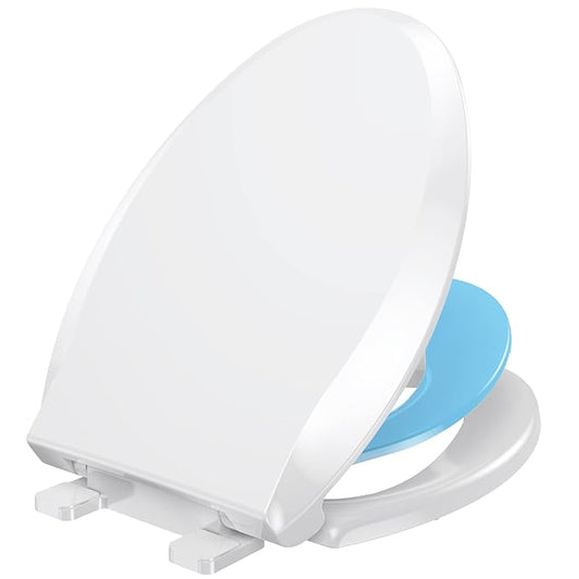 YASFEL Toddler Toilet Seat, Potty Training Toilet Seat for Toddlers, Kids & Adults Plastic Toilet Seats Elongated Slow Close with Magnets(Blue White, 18.5”)
