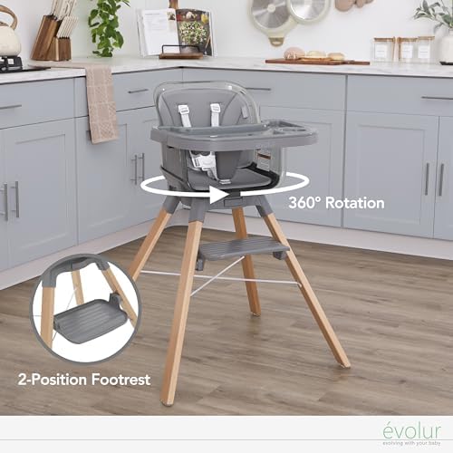Evolur 360° Bloom Highchair, Rotating, Convertible Baby Feeding Chair with Adjustable Height, Removable Tray, Easy to Clean, Stylish & Space-Saving for Newborns & Toddlers - Storm Gray
