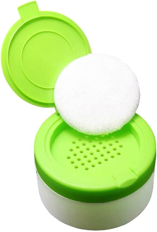 White Plastic Empty Baby Powder Puff Case with Green Sifter Lid Refillable After-Bath Talcum Powder Jar Dispenser Portable Beauty Baby Skin Care Container for Home and Travel