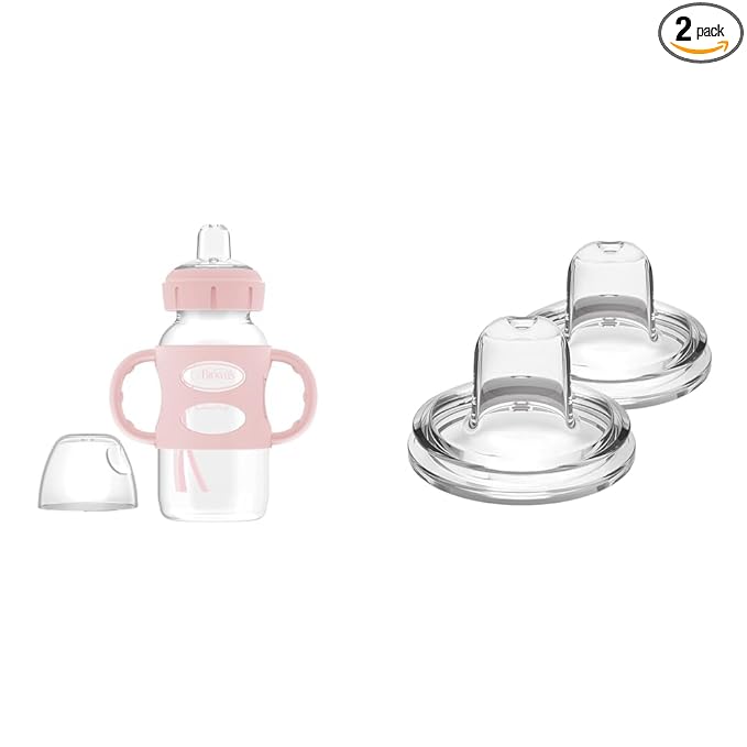 Dr. Brown's Milestones Wide-Neck Sippy Spout Bottle with 100% Silicone Handles & Options+ Wide-Neck Baby Bottle Sippy Spout, 2Count