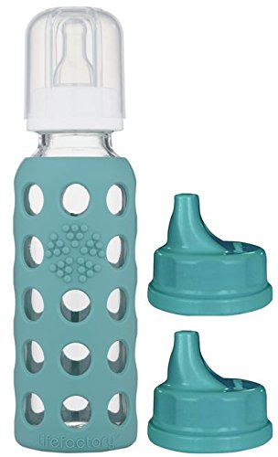 Lifefactory Glass Baby Bottle BPA Free 9 oz + Sippy Cap Set | Protective Silicone Sleeve | Kale
